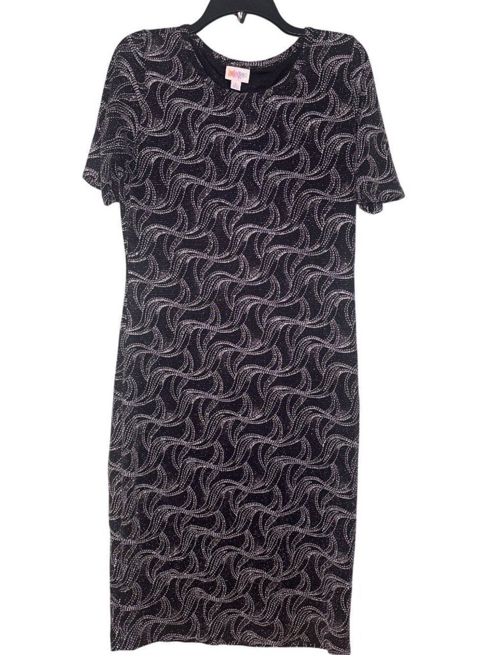 LuLaRoe Julia Dress Size M Black Silver Shimmer Swirl Print Party Career Chic
